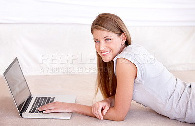 Buy stock photo Happy, laptop and portrait of woman on floor in living room for social media, streaming and website. Search, technology and digital with female user typing at home for connection, email and internet