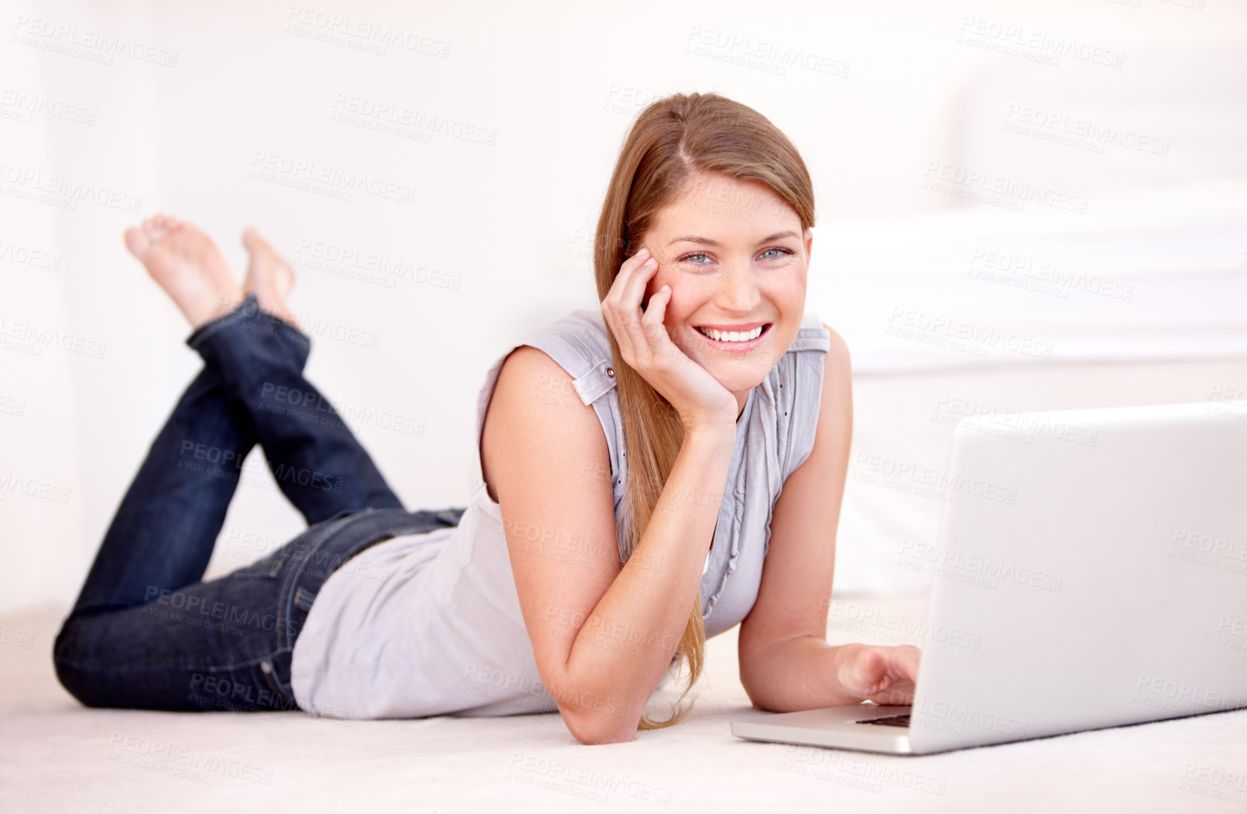 Buy stock photo Laptop, online and portrait of a happy woman on the floor browsing on social media, website blog or the internet. Relax, smile and female person on the ground with computer for entertainment at home.