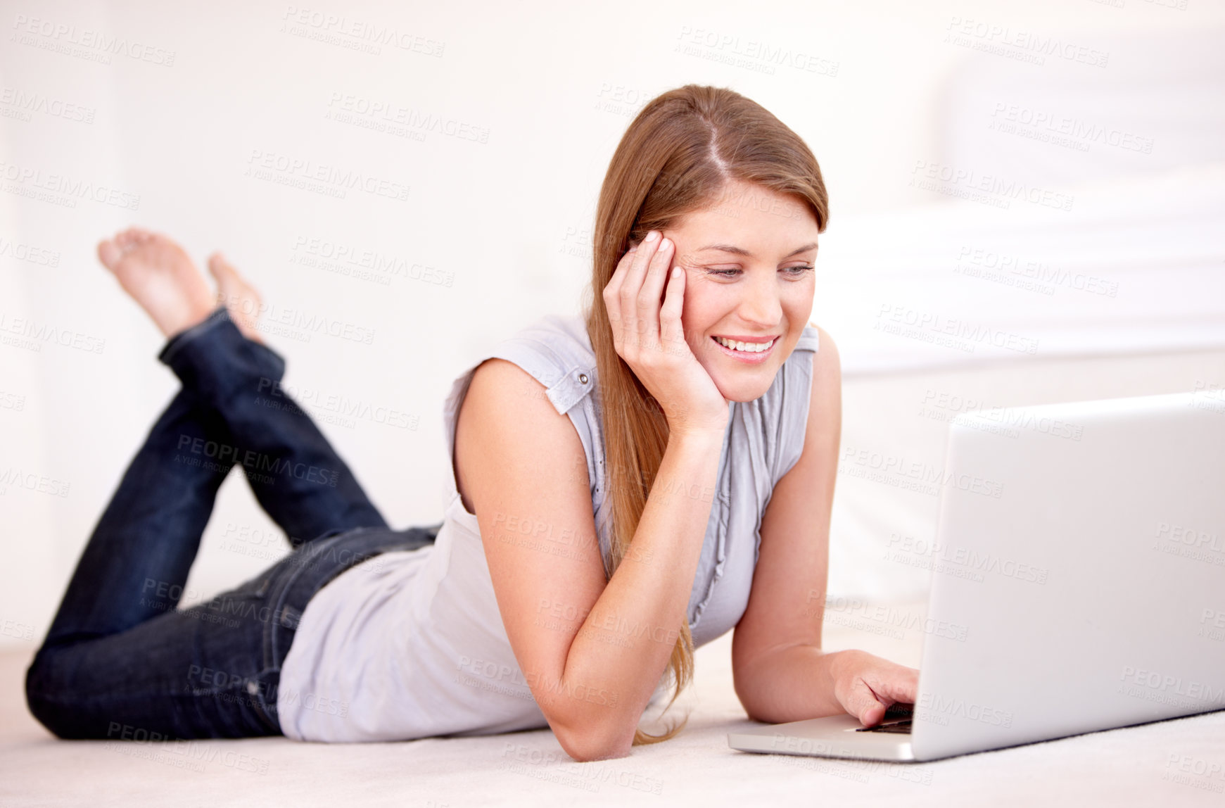 Buy stock photo Relax, laptop and floor with woman in living room for social media, streaming and website. Search, technology and digital with female user typing at home for connection, email and internet