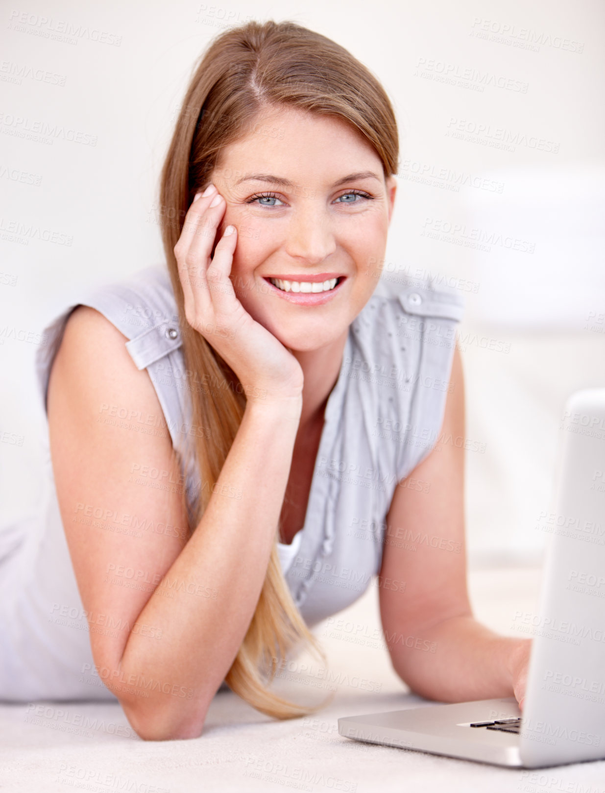 Buy stock photo Relax, laptop and floor with portrait of woman in living room for social media, streaming or website. Search, technology and digital with female user typing at home for connection, email and internet
