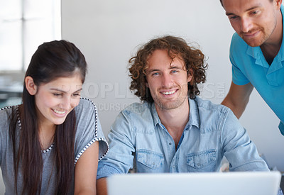 Buy stock photo Laptop, professional portrait and happy people reading web insight, startup report or agency sales data. Social network, media project or team cooperation, research or group smile for creative design