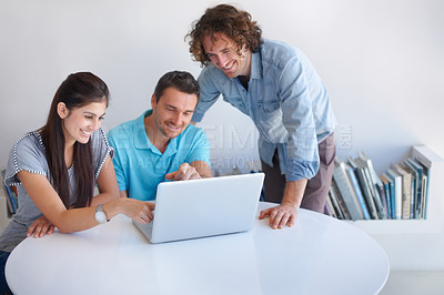 Buy stock photo Laptop, smile and professional people reading web insight, startup report or happy for customer experience feedback. Social media, project success and team cooperation, research or monitor sales news