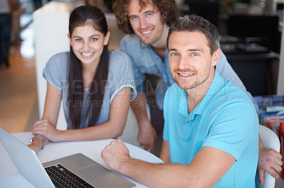 Buy stock photo Office laptop, teamwork portrait and happy people confident for online business development, startup career or company work. Group collaboration, entrepreneurship and team cooperation creative design