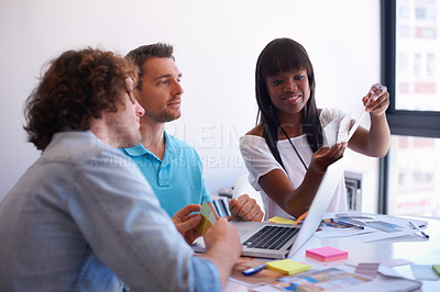 Buy stock photo People, teamwork and color palette with laptop for graphic design, brainstorming and decision or choice at creative agency. Group of men, woman and artist for online magazine or startup collaboration
