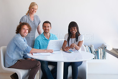 Buy stock photo Business people, laptop and meeting portrait for teamwork, collaboration and planning of marketing project. Happy manager, men and women with computer for website copywriting and editing or feedback