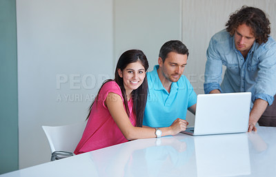 Buy stock photo Office laptop, portrait or team cooperation, analysis or reading SEO data, business meeting or website design. Happiness, computer or people teamwork, planning and smile for webdesign development