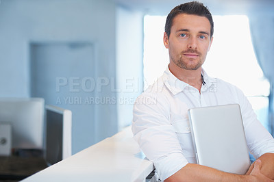 Buy stock photo Business man, office portrait and laptop for website research, online company data or creative review, project or internet. Confidence, computer and professional businessman with job experience