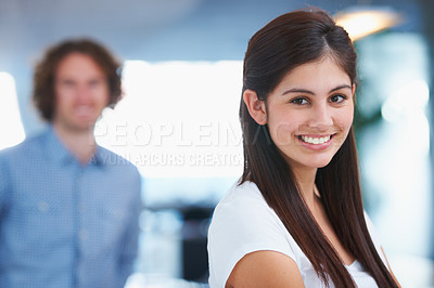 Buy stock photo Happy portrait, smile or business woman with new work opportunity in creative office. Marketing employee, worker or internship working in startup company with brand motivation vision, growth mindset