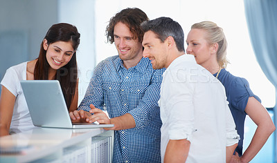 Buy stock photo Office laptop, cooperation and team happy for online information, company revenue or sales income, insight or analytics. Social media, group project and people smile for good news, feedback or review