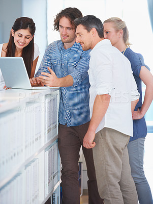 Buy stock photo Office laptop, group collaboration and team reading online statistics, metrics or sales income data, insight or analytics. Staff cooperation, feedback email or people check customer experience review