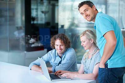 Buy stock photo Office laptop, portrait man and team reading, group collaboration and cooperation on online research report. Editing process, project management and people teamwork, planning or check feedback info