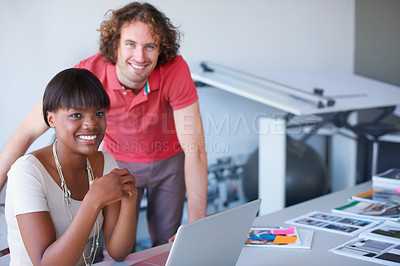 Buy stock photo Portrait, creative people and designer on laptop in website design, digital planning or project for marketing agency. Graphic design, creativity and diversity of woman and manager support on computer