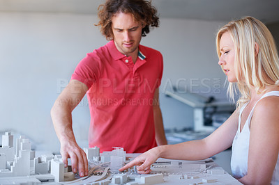 Buy stock photo Architecture, model and business people planning, teamwork and building development solution or ideas. Process, startup and engineering woman with designer or partner talking of 3d infrastructure