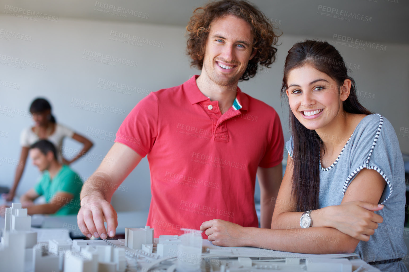 Buy stock photo Architecture model, team portrait and happy people planning real estate development, project or 3d buildings design. Teamwork, cooperation or architect collaboration on creative property construction