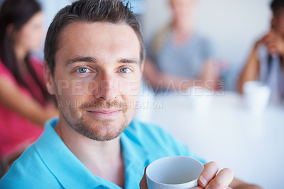 Buy stock photo Tea, face portrait and professional man drinking morning wellness liquid, lunch break beverage or workplace coffee. Latte mug, headshot and person with company coco, caffeine or delicious cappuccino