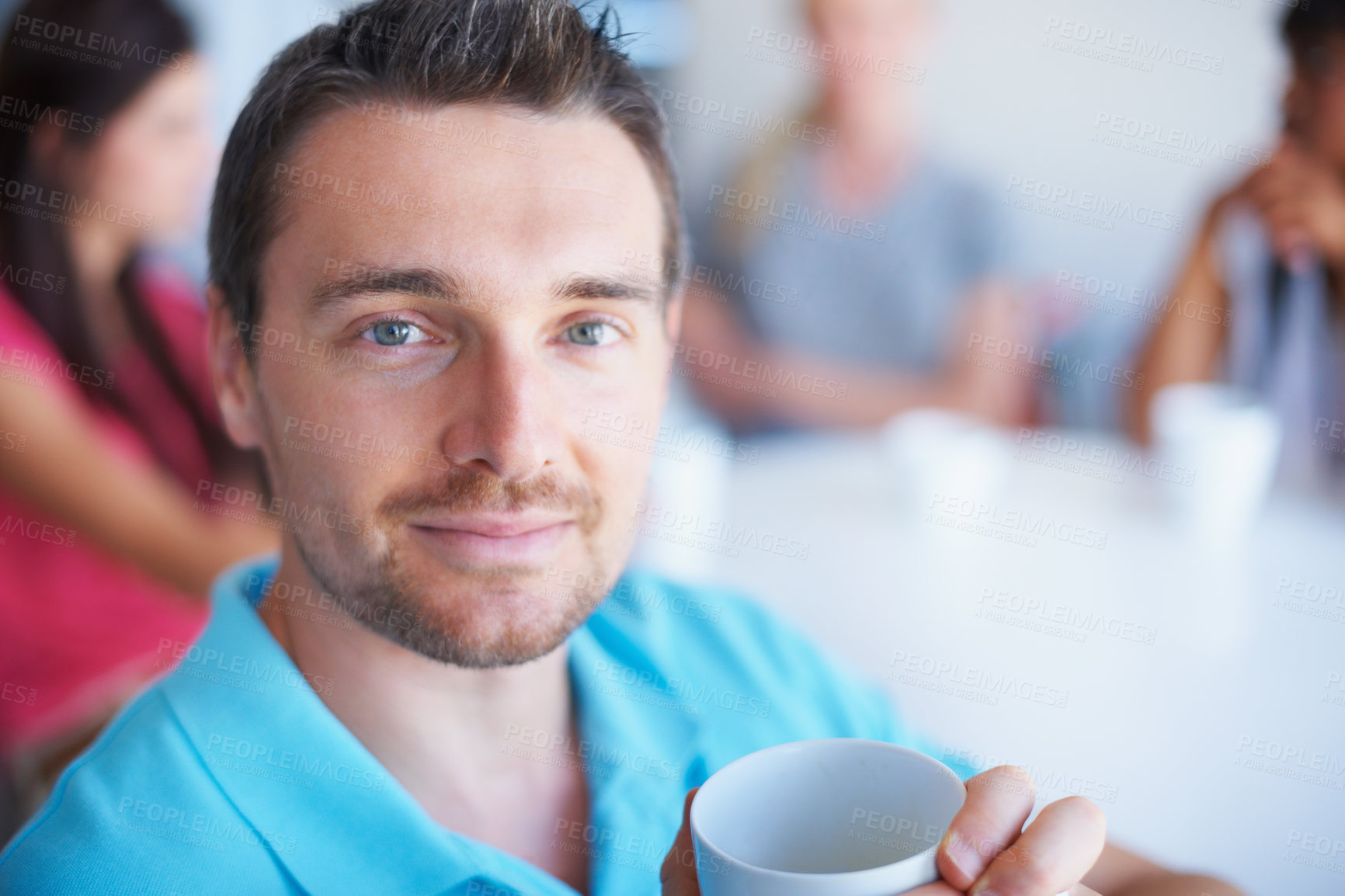 Buy stock photo Tea, face portrait and professional man drinking morning wellness liquid, lunch break beverage or workplace coffee. Latte mug, headshot and person with company coco, caffeine or delicious cappuccino