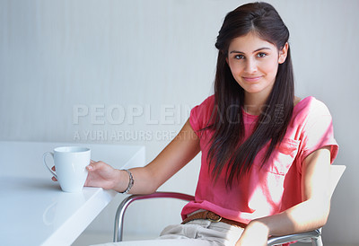 Buy stock photo Coffee cup, portrait and happy professional woman, internship student and smile for morning wellness drink. Tea, happiness or young person with liquid coco, cacao hot chocolate or cappuccino on break