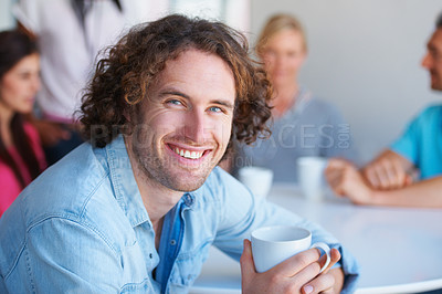 Buy stock photo Portrait, business and man with staff, lunch and smile with coffee, happiness and teamwork. Face, male person and employee with group, break and conversation with coworkers, consultant and agent 