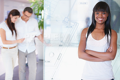 Buy stock photo Smile, crossed arms and portrait of woman with team in the office with internship confidence. Happy, creative career and professional young African female designer with employees in architecture firm