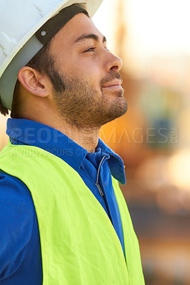 Buy stock photo Construction worker, engineer and man thinking outdoor, vision or contemplating. Architect, idea and contractor person in profile planning for architecture, civil engineering and project development.