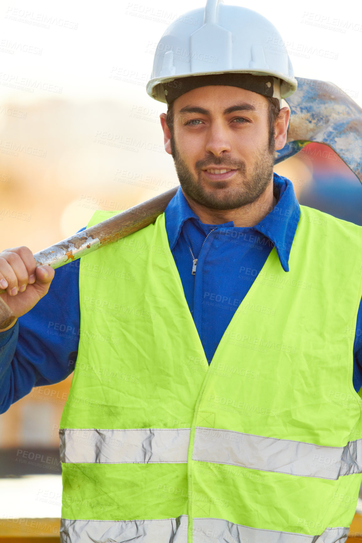 Buy stock photo Portrait, construction and man with a shovel, industry and architecture with skills, renovation and vest. Face, male person or employee with tools, equipment or safety with labor, spade or protection