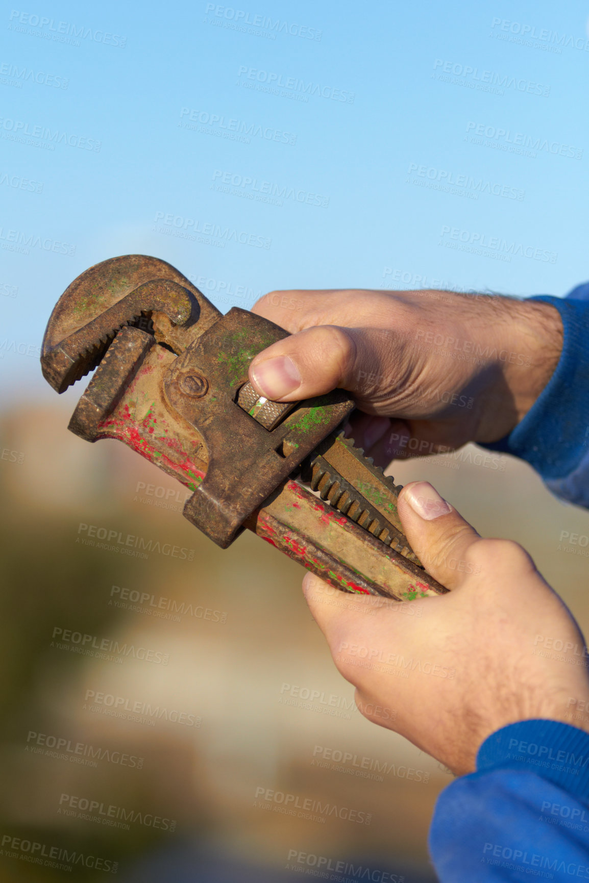 Buy stock photo Hand, mechanic and wrench tool closeup for maintenance or repair, helping or hardware. Man, spanner and engineer for car service job or improvement for fixing at garage, steel workshop for automobile