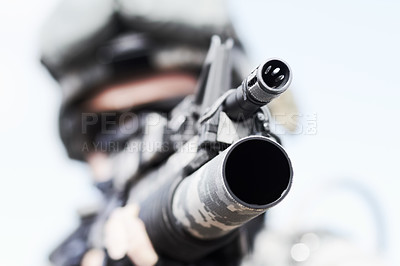 Buy stock photo Closeup selective focus of the barrel of a gun