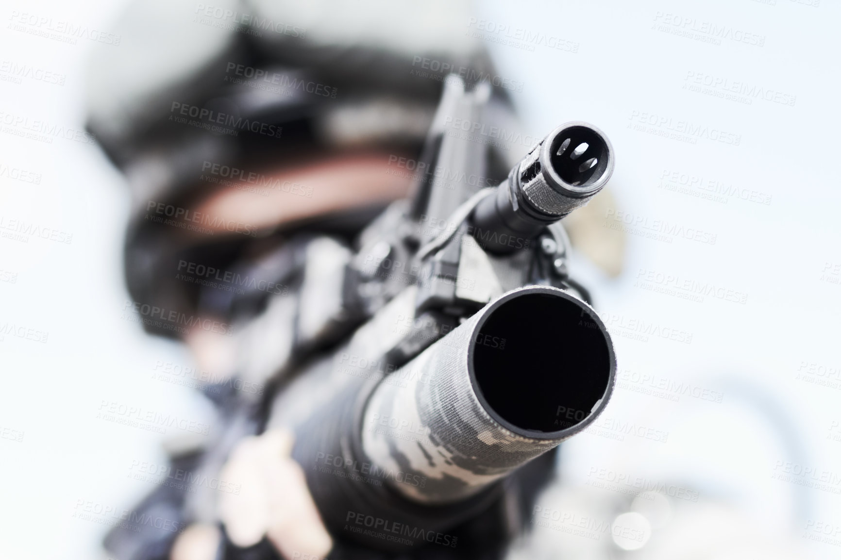 Buy stock photo Closeup selective focus of the barrel of a gun