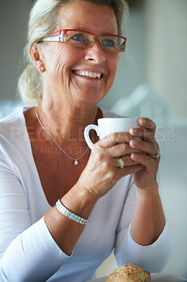 Buy stock photo Mature, woman and coffee smile at lunch for retirement relax or happy in home or bread snack, espresso for rest. Female person, hot drink or cup breakfast meal as muffin for hungry, eating on holiday