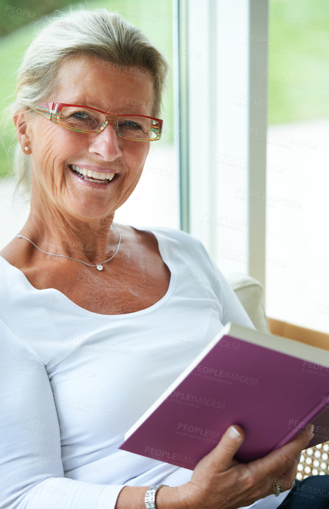 Buy stock photo Mature, woman and portrait for book reading or relax morning, information or knowledge learn. Senior person, face and glasses for retirement education in home for study hobby, research or happy peace