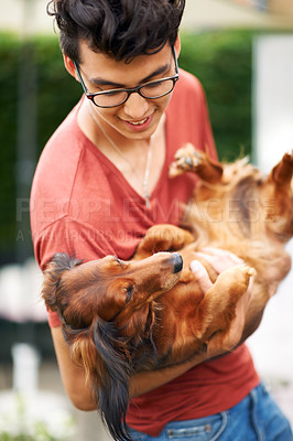 Buy stock photo Man, dog or playing in garden of home for bonding, love and relationship for happiness or joy. Person, pet or holding animal in backyard, outdoor or nature for care, friendship or companion and smile