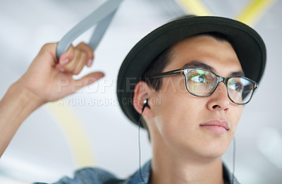 Buy stock photo Man, bus and earphones for music, commute and adventure or travel, transportation and thinking on trip. Male person, streaming radio and audio or song, playlist and journey or freedom with podcast