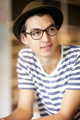 Buy stock photo Fashion, thinking and a young hipster man in a glasses for vision or eyesight on a blurred background. Style idea, eyewear and a confident person in a hat as a casual clothing outfit accessory