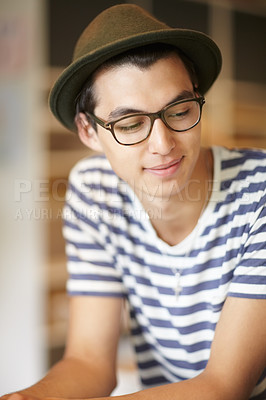 Buy stock photo Nerd, man and thinking with a smile in home with ideas of future, growth and daydream with hope. Hipster, person and college student with fashion, wellness and remember a happy memory with peace
