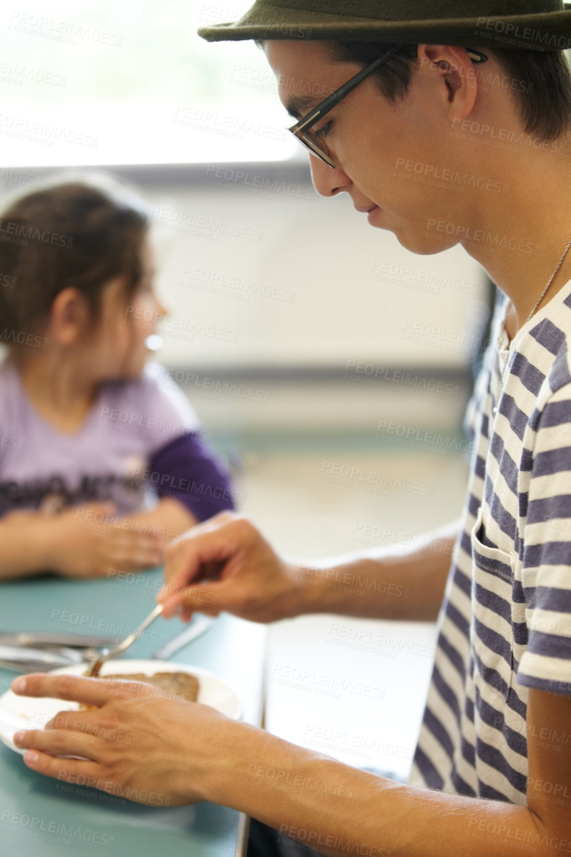 Buy stock photo School, teacher and helping kid with lunch in kindergarten, classroom and learning about nutrition or diet. Man, cooking and prepare a sandwich for girl or child in morning for healthy development