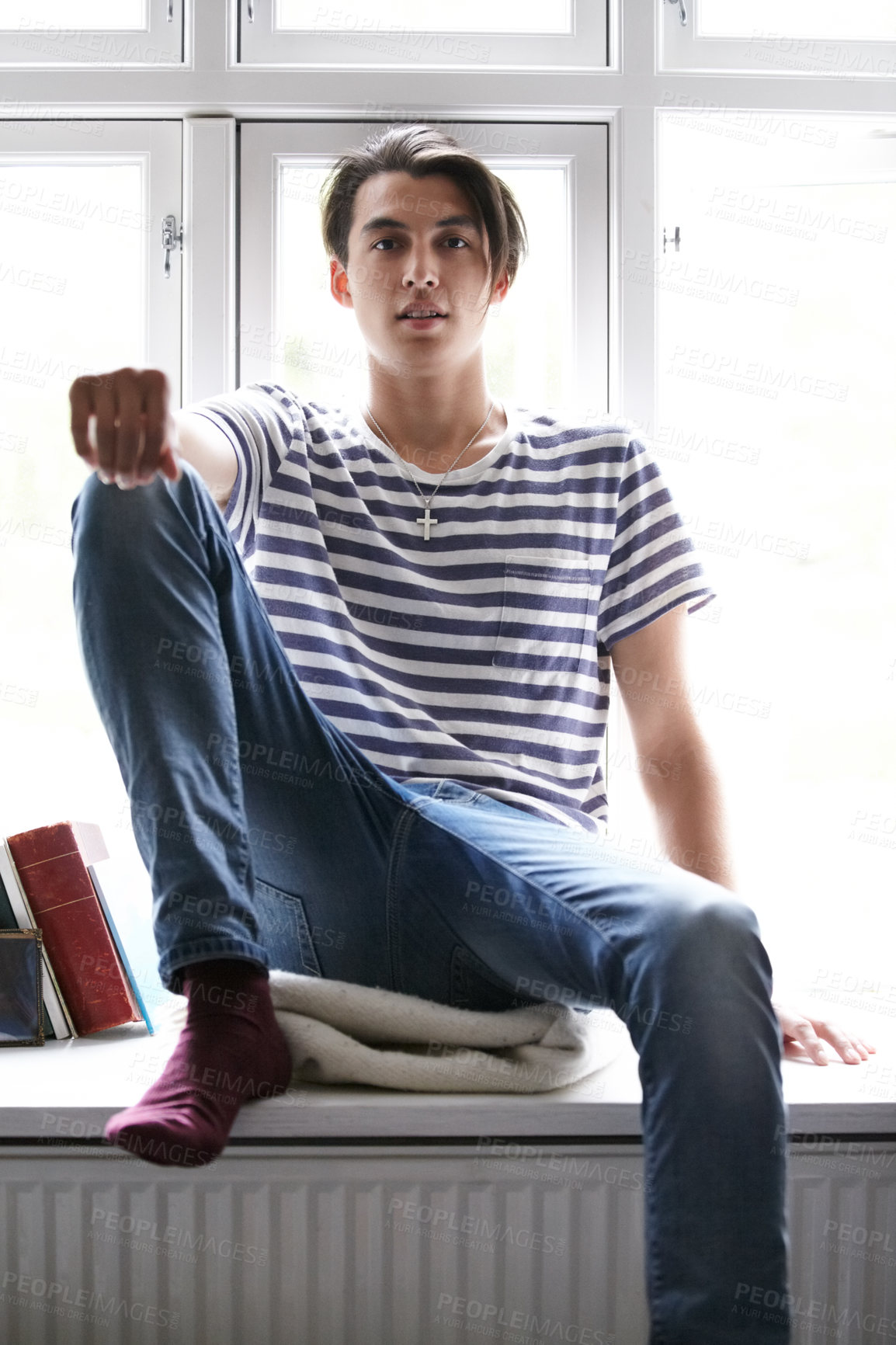 Buy stock photo Portrait, window and an asian man in the bedroom of his home to relax in the morning of a weekend in summer. Fashion, style and a confident young model chilling in his apartment for time off