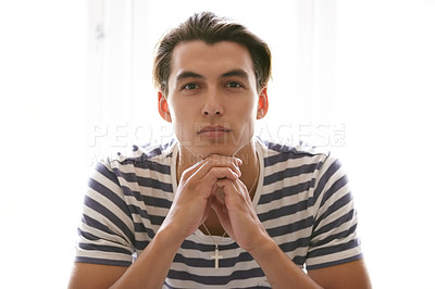 Buy stock photo Man, idea and thinking on future, face and positive mindset for growth, confident and hope. Male person, planning and daydreaming or fashion, mindfulness and remember memory or peace in apartment