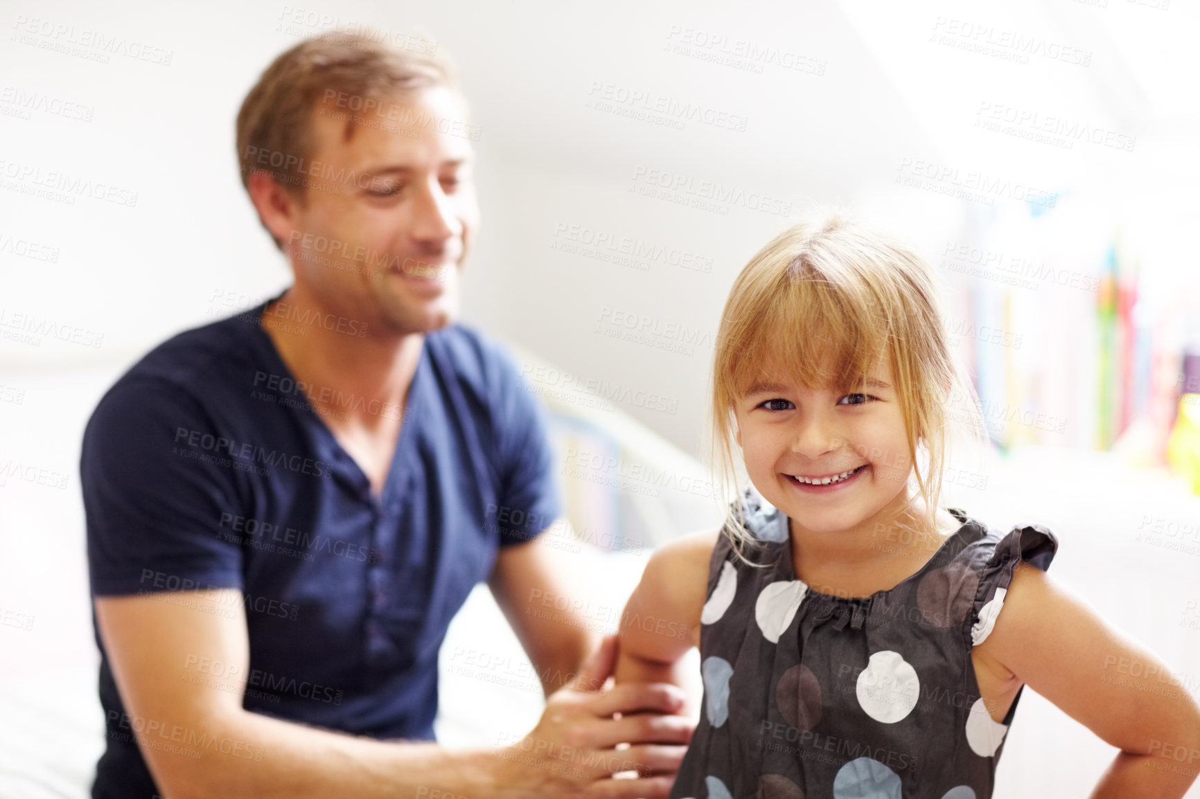 Buy stock photo Father, daughter and smile in bedroom with love, bonding and care for relationship or fun in home. Family, man and girl child with happiness in house or apartment with parenting, joyful and support