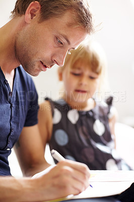 Buy stock photo Family, father and daughter with writing for helping with homework, bonding and learning for education at home. People, man and girl child with homeschooling, notebook and care in bedroom of house