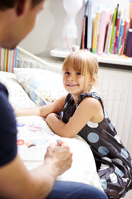Buy stock photo Father, daughter and coloring book on bed or happiness with bonding, creativity and relationship in home. Family, man and girl kid or artistic in bedroom of house or apartment for child development