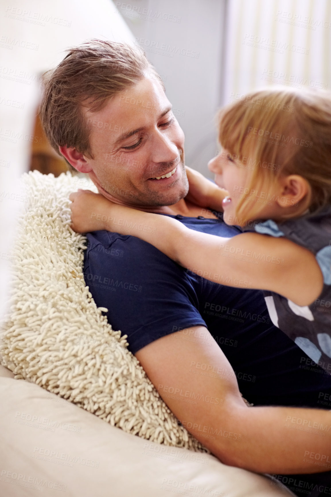 Buy stock photo Love, father or daughter and hug or happiness on bed in bedroom of home for bonding, care or weekend. Family, man and girl child with embrace in house or apartment with smile and joy for relationship
