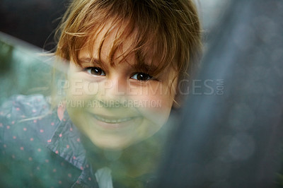 Buy stock photo Portrait, smile and a girl in a car for a road trip to travel as a passenger on holiday or vacation. Kids, face and a happy young girl child in a vehicle to drive for transport closeup on the weekend