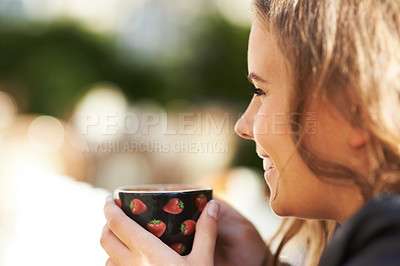 Buy stock photo Woman, closeup and smile at coffee shop with a drink, espresso or latte outdoor in city. Cafe, restaurant and happiness with tea, cup and relax at brunch in summer with freedom, peace or calm morning