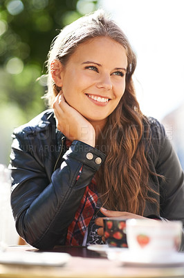 Buy stock photo Teenager, smile and relax at outdoor coffee shop, cafe or restaurant with espresso, latte or beverage. Happy, girl and sitting with green tea, drink or calm brunch in summer, morning or city bistro