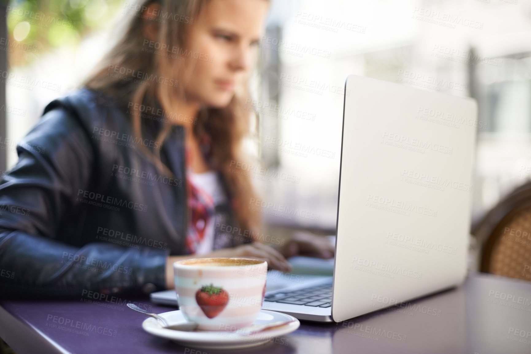 Buy stock photo College student, working and laptop outdoor at coffee shop, cafe or restaurant with espresso, latte or cup. Girl, studying and drink a green tea or beverage in summer, morning or bistro on campus