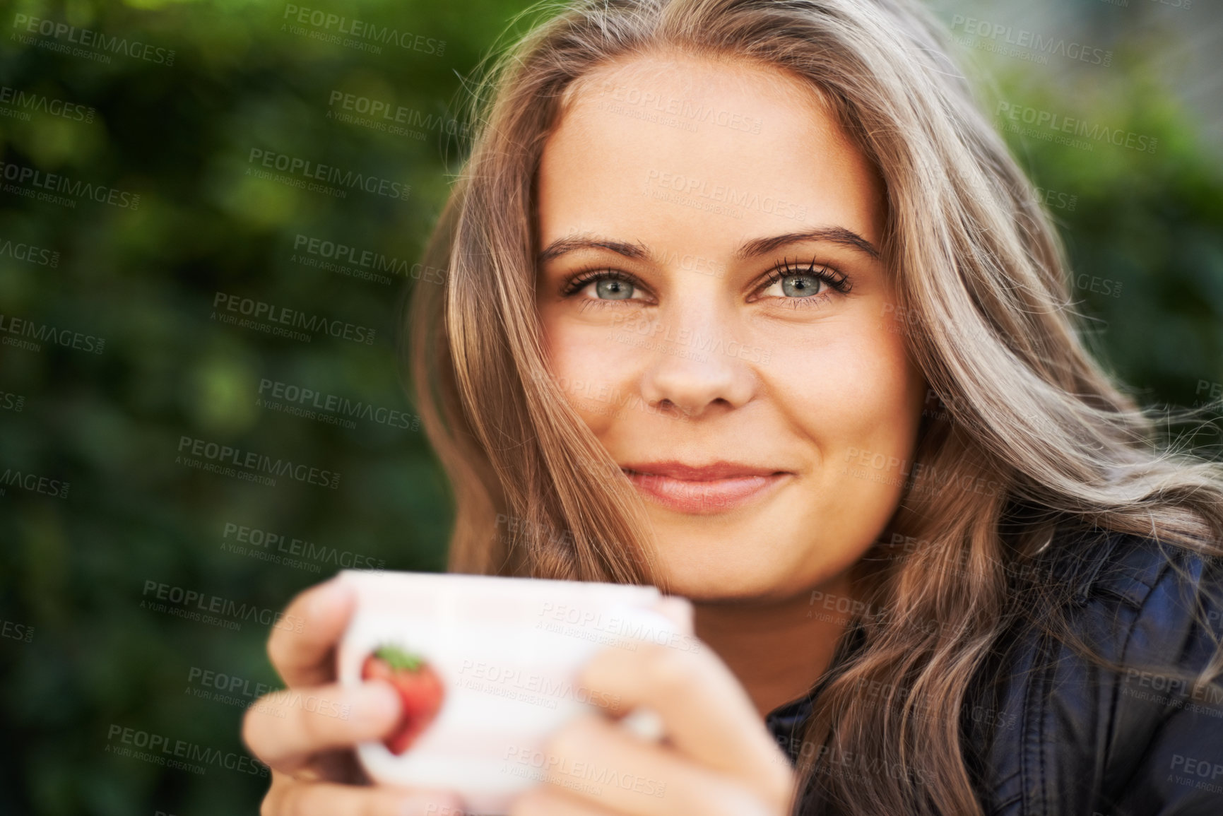 Buy stock photo Happy woman, portrait and coffee cup to drink, espresso or latte outdoor in backyard. Cafe, restaurant and smile with tea, mug and relax at brunch in summer with freedom, peace or calm morning
