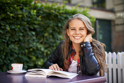 Buy stock photo Happy woman, portrait and reading a book at cafe, outdoor and coffee shop with espresso, latte or beverage. Girl, smile and relax with green tea, drink or english literature in morning at city bistro
