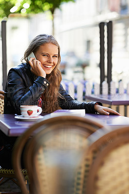 Buy stock photo Portrait, happy woman and phone call for communication, outside or cafe in Paris, travel or trip. Young, person or student with mobile for holding, conversation and talk with laugh for funny joke