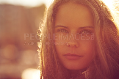 Buy stock photo Portrait, beauty and woman outdoor at sunset on mockup space, holiday or travel on vacation. Face, serious and young person or girl in nature, confident and summer sunshine for freedom in Switzerland