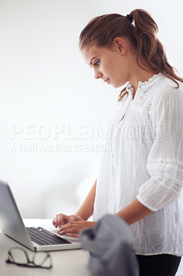 Buy stock photo College student, reading and morning in home with laptop, online communication and check email. Computer, remote work and woman typing on keyboard or planning schedule, education and elearning